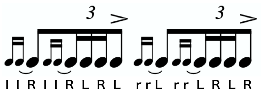 Double Ratamacue notation. A text version of the sticking follows.