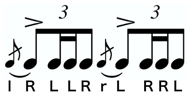 Flam Drag notation. A text version of the sticking follows.