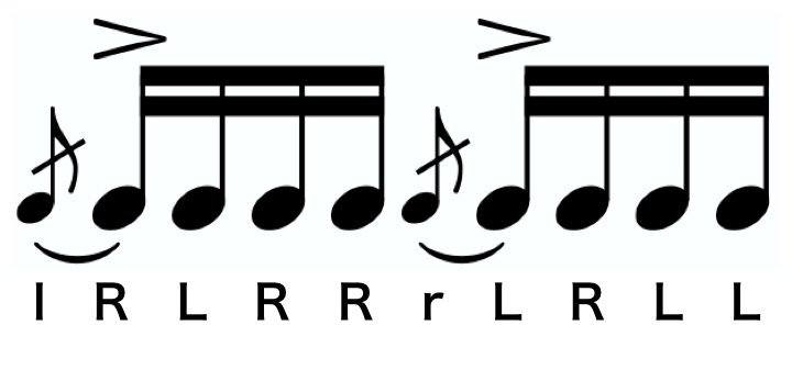 Flam Paradiddle notation. A text version of the sticking follows.