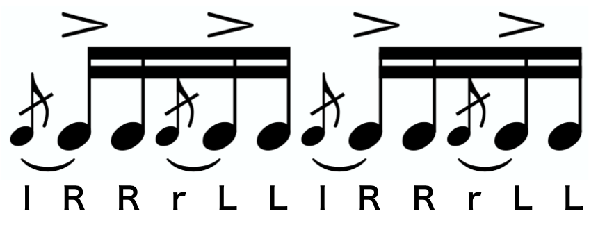 Flam Tap notation. A text version of the sticking follows.