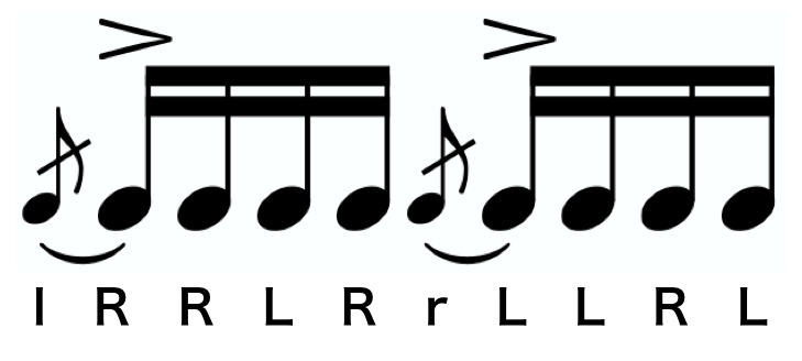 Single Flammed Mill notation. A text version of the sticking follows.