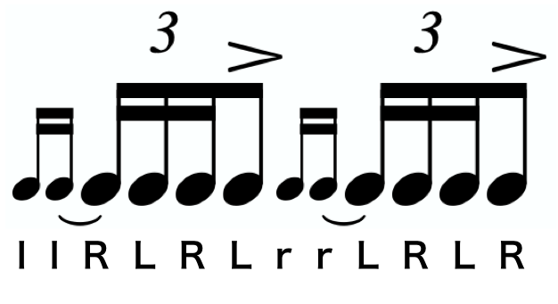 Single Ratamacue notation. A text version of the sticking follows.